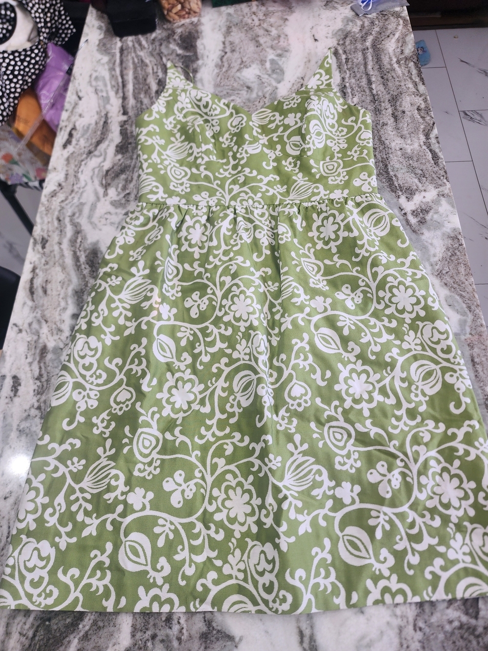 LOFT Green and White Floral Fit-and-Flare Dress